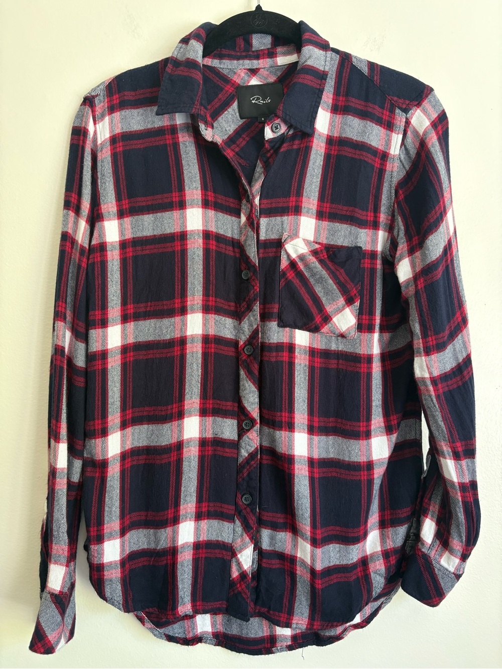 Rails Hunter Marine Cherry Red Navy Plaid Button-Up Rayon Flannel Shirt Sz S